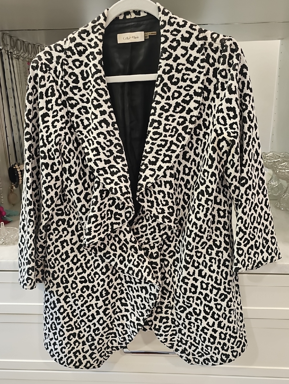 Calvin Klein Black and White Leopard Print Draped Blazer